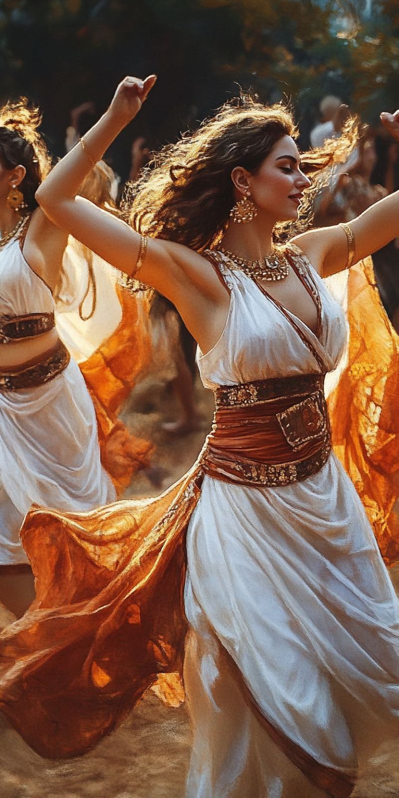 Dancing girl festival attire ancient greek fashion rhythmic dance cultural event traditional costume joyful celebration performance energetic movement In the image, there are two individuals who appear to be in mid-dance. The person on the left is dressed in a white dress with golden details and is holding onto their skirt while moving. Their body language suggests movement and energy. On the right, there's another individual wearing a similar style dress with red accents. This person also seems to be dancing, with their arms outstretched and their hair flowing freely. The background is not clearly visible, but it appears to be an outdoor setting during what might be daylight, based on the natural light in the scene.