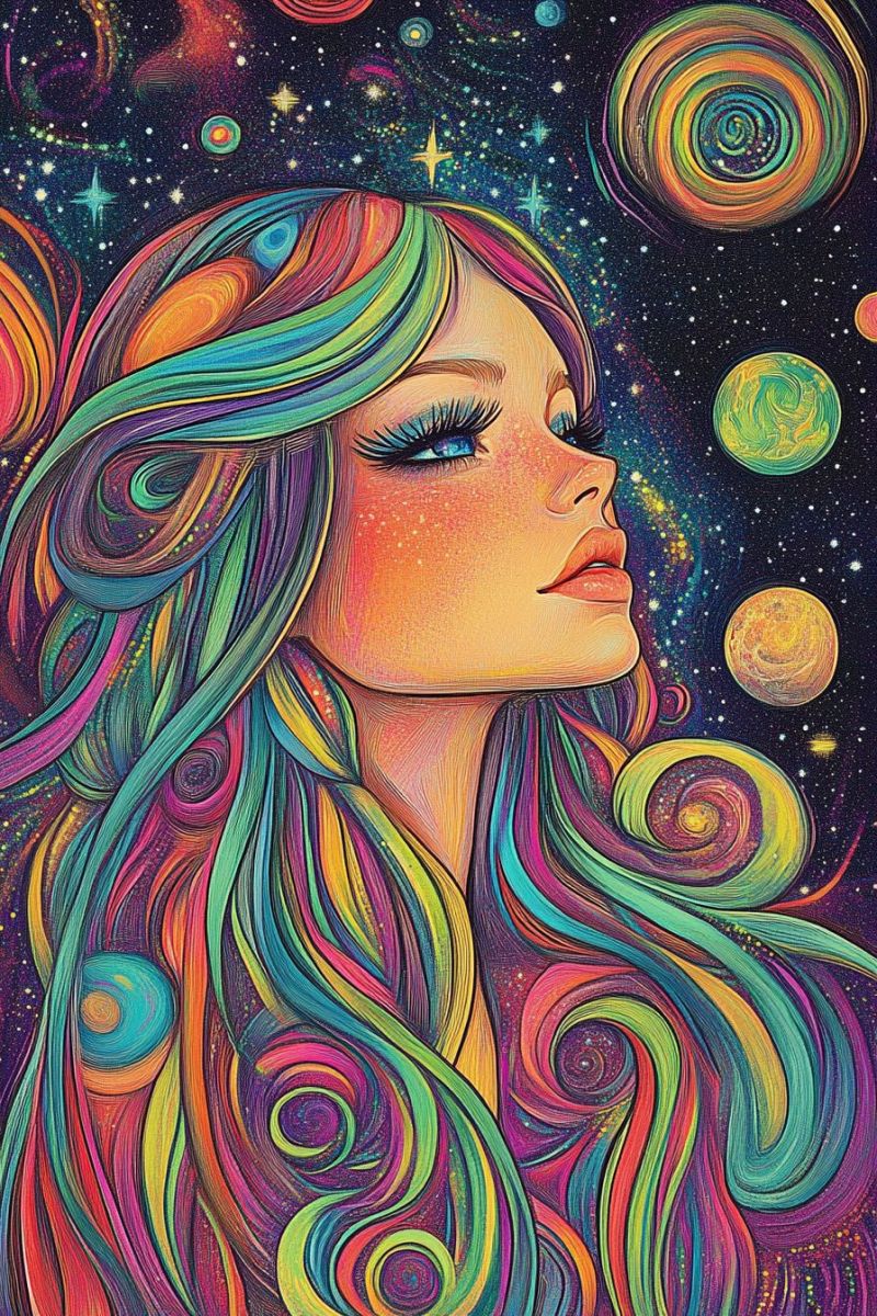 Female colorful fantasy cosmic swirling pattern space nebula star stylized hair rainbow hue modern graphic fantastical scene featuring a fairy character. The fairy, with wings spread wide, is sitting on the petals of a large, pink flower that resembles a lotus or lily pad. She appears to be looking towards the viewer with a contemplative expression. Her attire and accessories suggest a whimsical, possibly enchanted theme, consistent with fairy motifs. The background reveals a sunset or sunrise with long shadows indicating it's either early morning or late evening, and there is a clear sky. The overall tone of the image is serene and magical, indicative of fantasy art styles.