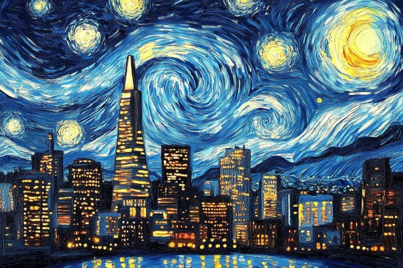 Night cityscape city skyline starry sky van gogh painting urban over water san francisco golden gate bridge illuminated buildi woman with wing-like adornments. She appears to be wearing a strapless, lace-trimmed top and has a gentle expression on her face. Her gaze is directed off-camera, and she is positioned against a soft-focus background that suggests a festive or holiday setting. The lighting is warm and soft, highlighting the detail in her attire and the delicate textures of the feathers.