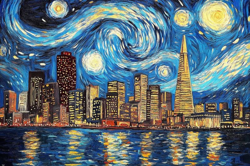 Cityscape painting night sky san francisco city starry vincent van gogh urban famous modern nighttime skyline The image you have shared appears to be a painting or digital art piece depicting a cityscape at night. The sky is filled with the stars and clouds, suggesting it could be the evening. Below, the scene captures a dense urban environment, possibly in San Francisco, as indicated by the iconic streetcar trolley on the left side of the image and buildings that resemble the architecture found around the Bay Area. The city is illuminated with artificial lights, providing a contrast to the darker sky. A bridge can be seen in the background, which adds to the sense of location being near a body of water, likely San Francisco Bay. The overall composition and style suggest it could be inspired by the famous painting 