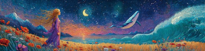 Fantaisie nuit ocean vague femme fleurs montagnes ciel etoiles lune dauphin coucher soleil reve mer nuages horizon Dans le tableau, une femme aux longs cheveux flottants se tient dans un champ de fleurs vibrantes sous un ciel nocturne étoilé. Elle porte une robe violette fluide et regarde vers le ciel. Une grande baleine bleue bondit gracieusement hors des vagues de l'océan, qui s'écrasent contre le rivage. Le ciel est un mélange de bleus profonds et de violets, avec un croissant de lune et des étoiles dispersées dans tout le ciel. En arrière-plan, il y a des montagnes et un coucher de soleil lointain qui projette une lueur chaude sur le paysage.