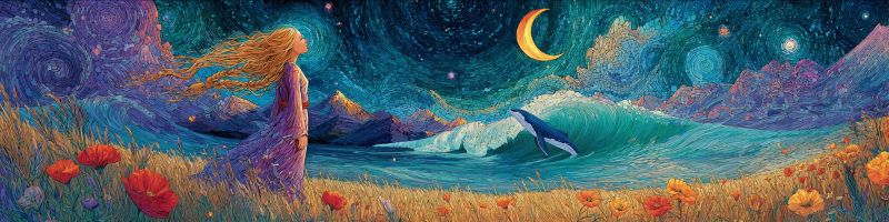 Fantaisie nuit etoiles lune ocean vagues dauphin fleurs montagnes ciel eau reveur imagination creativite beaute Dans le tableau, une femme aux longs cheveux flottants se tient dans un champ d'herbe haute sous un ciel nocturne rempli d'étoiles. Elle porte une robe violette fluide et regarde vers l'océan, où une grande vague s'écrase. Un croissant de lune brille dans le ciel, et un dauphin jaillit de la vague. L'arrière-plan présente des montagnes et un ciel vibrant avec des motifs tourbillonnants. Le premier plan est orné de fleurs rouges et jaunes, ajoutant une touche de couleur au paysage serein.