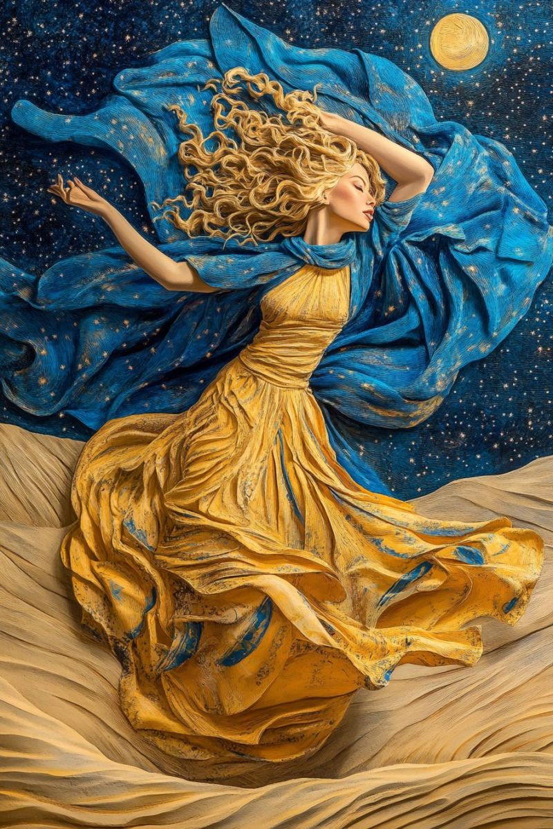 Fantasy female dancing flower euphoria literature moonlit whimsical fine book cover night digital artwork or graphic. fantasy or surreal scene where a person, presumably a woman due to the clothing and hairstyle, is floating above a cloud, which suggests she might have magical powers or is simply depicted in a whimsical manner. She is holding onto a crescent moon that casts a soft glow on her face. The setting is nighttime with a starry sky, adding to the dreamy and ethereal atmosphere of the scene. The woman is adorned with what looks like celestial or magical symbols, further enhancing the otherworldly theme. She's wearing a flowing, detailed dress that adds to her celestial appearance, and she has her hair styled upwards, contributing to her mystical persona. The overall aesthetic of the image is very much in line with fantasy genres and could be related to themes of magic, fairy tales, or celestial spirits.