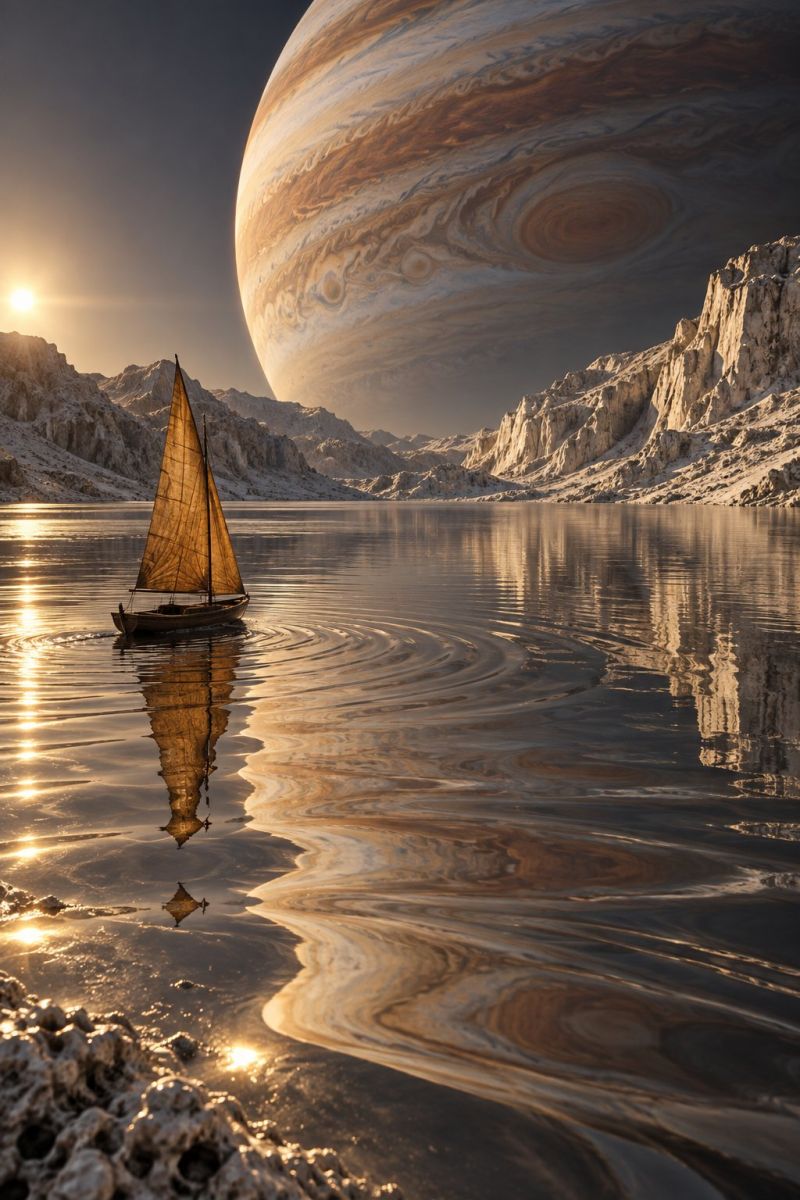 Espace planete jupiter astronomie cosmos celeste univers exploration science galaxie etoile telescope astrophysique astrophotographie solaire systeme Au premier plan, un petit voilier à voile triangulaire glisse sur un plan d'eau serein. L'eau reflète le ciel et le paysage environnant, créant un effet miroir. Derrière le voilier, un vaste littoral rocheux s'étend, avec des montagnes enneigées au loin. Le ciel est d'un bleu profond, le soleil se couchant à l'horizon, projetant une chaude lueur dorée sur l'ensemble de la scène. L'arrière-plan est dominé par une planète massive, probablement Jupiter, avec ses nuages tourbillonnants emblématiques et ses tempêtes visibles. La taille immense de la planète et ses détails complexes sont saisissants sur fond de mer tranquille et de rivage rocheux.
