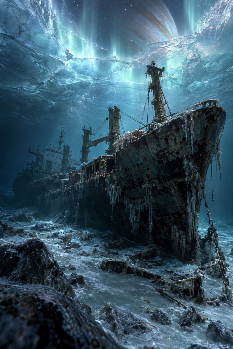 Shipwreck ship ocean underwater wreck shipwrecked An underwater scene features a large, rusted ship partially submerged in the ocean. The ship has a broken mast and is covered in algae and barnacles, indicating its long time underwater. The ship's hull is heavily rusted, with some parts missing, and it is anchored to the seabed with chains. The water around the ship is dark and murky, with a greenish hue, and there are rocks and debris scattered around. In the background, there is a large, dark planet with a greenish glow, possibly a gas giant, and a faint aurora borealis effect in the sky.