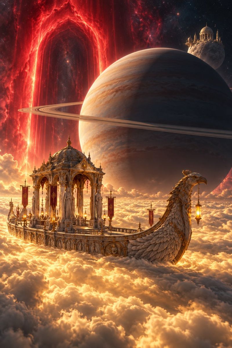 Space fantasy imagination architecture design concept painting universe astronomy celestial cosmic exploration exoplanet galaxy heaven infinity In the foreground, there is a grand, ornate boat floating on clouds. The boat has a majestic design with a golden eagle head at the front, and it is adorned with intricate carvings and statues. The boat is decorated with red banners and golden lamps. Behind the boat, there is a large, golden structure with a dome-like roof and pillars, also adorned with statues and banners. In the background, there is a massive planet with rings, and a large, glowing red object that resembles a nebula or a black hole. The sky is filled with stars and a dark, mysterious background.