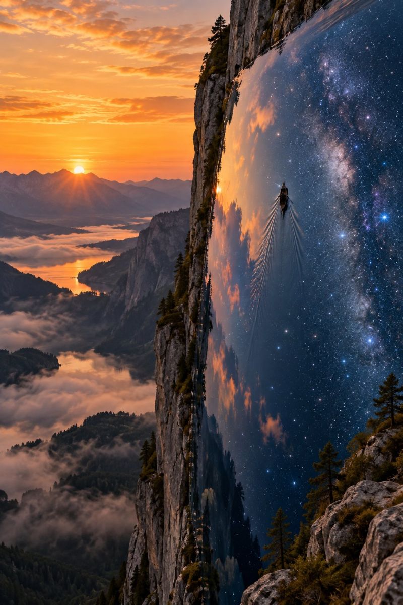 Mountain cliff sky night stars lake water reflection boat sunset fog trees rocks hill valley clouds nature scenery A stunning landscape features a steep cliff with a boat sailing on a river that reflects the sky. The sky is a blend of warm sunset hues and the deep blue of night, dotted with stars. The river is surrounded by lush greenery and rocky cliffs, with a distant view of mountains and a lake. The scene captures the transition from day to night, with the sun setting behind the mountains, casting a golden glow on the landscape.