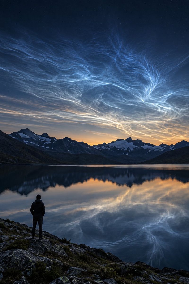 Night sky mountain lake water reflection cloud sunset horizon snow rock dark clouds cloudy range A person stands on a rocky shore, gazing at a serene lake under a twilight sky. The lake mirrors the sky's hues, reflecting the fading light of the setting sun. The sky is a deep blue, with wispy clouds illuminated by the sun's rays, creating a soft, golden glow. In the distance, a range of snow-capped mountains stands against the horizon, their peaks bathed in the last light of day. The scene is tranquil, with the person's silhouette adding a sense of solitude and contemplation.