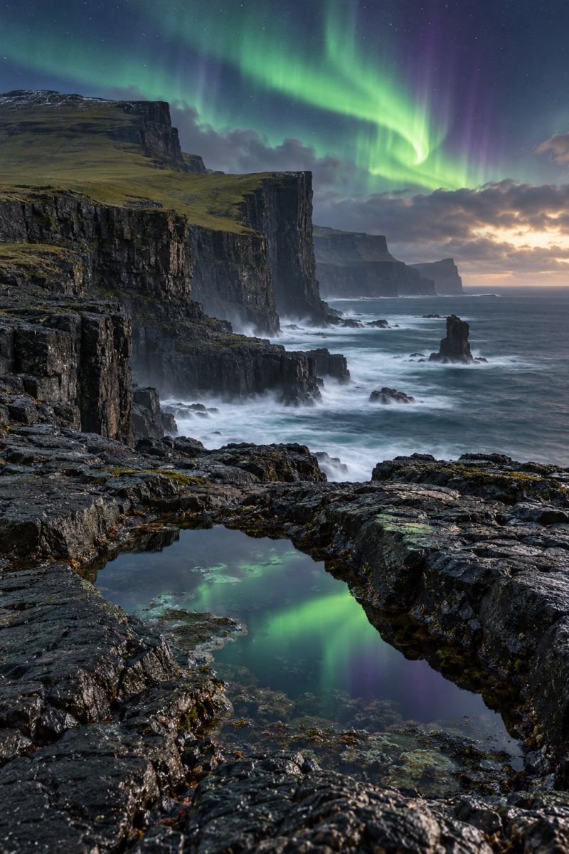 Nuit ciel nuages rochers falaises ocean vagues reflet vert violet bleu verdatre rocheux eau mer montagnes horizon aurore boreale nord L'image montre une scène côtière spectaculaire de nuit. Le ciel est empli de la lueur éthérée des aurores boréales, avec des teintes vertes et violettes éclatantes qui dansent dans le ciel. Les lumières créent une atmosphère envoûtante, presque magique. En contrebas, une falaise abrupte s'enfonce abruptement dans l'océan et les vagues s'écrasent contre les rochers. L'eau est sombre et turbulente, reflétant les couleurs des aurores boréales. Au premier plan, un petit bassin d'eau est niché entre des rochers et brille de la même lumière verte du ciel. Le paysage est austère et sauvage, avec un sentiment d'isolement et de beauté.