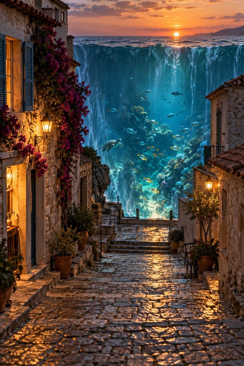Rideau ocean crepuscule image picture photograph cobblestone street lined with buildings on both sides. The buildings have stone walls and terracotta roofs, with some adorned with climbing plants and flowers. On the left, a lamp is mounted on the wall, and there are potted plants on the steps. The street leads to a large, surreal waterfall that appears to be flowing into the ocean. The waterfall is filled with vibrant fish and coral reefs, creating a vivid underwater scene. The sky above is a warm sunset hue, with the sun setting on the horizon, casting a golden glow over the entire scene.