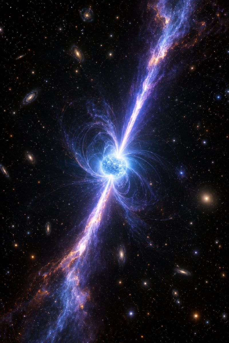 Espace galaxie etoile univers astronomie cosmique nebuleuse eclatante celeste scène vibrante et dynamique d'un pulsar, une étoile à neutrons rotative hautement magnétisée, au centre d'une nébuleuse colorée et tourbillonnante. Le pulsar est entouré d'une série d'anneaux concentriques, chacun rayonnant vers l'extérieur selon un motif en spirale. Ces bagues sont composées de différentes couleurs, y compris des nuances de bleu, de violet et de jaune, créant un effet visuellement saisissant et presque éthéré. Le pulsar lui-même est un globe blanc brillant qui émet d'intenses faisceaux de lumière qui s'étendent vers l'extérieur en ligne droite. L'arrière-plan de l'image est un espace sombre et profond rempli d'innombrables étoiles, dont certaines semblent faire partie de galaxies lointaines. La composition générale rappelle une danse cosmique, avec le pulsar au centre, entouré d'une nébuleuse colorée et tourbillonnante qui semble être en mouvement.