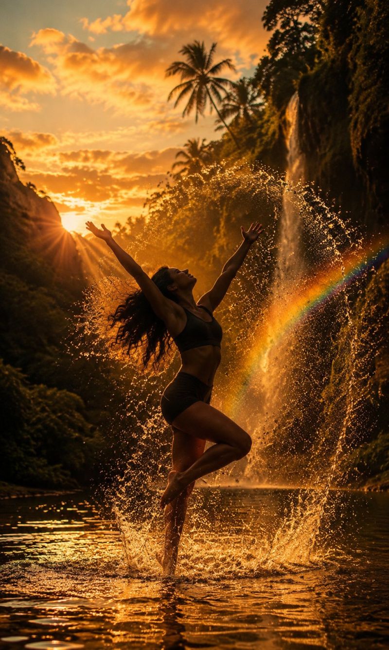 Water sunset rainbow mountain cloud sky sun waterfall spray splash jump dance nature tropical adventure freedom palm tree A woman is joyfully dancing in a river, her arms and legs spread wide, creating a splash of water around her. She is wearing a black bikini, and her long hair is flowing freely. Behind her, a rainbow is visible, formed by the water from a waterfall. The scene is set against a back of lush greenery, with a mountain and a palm tree visible in the distance. The sky is a warm orange, indicating the setting sun.