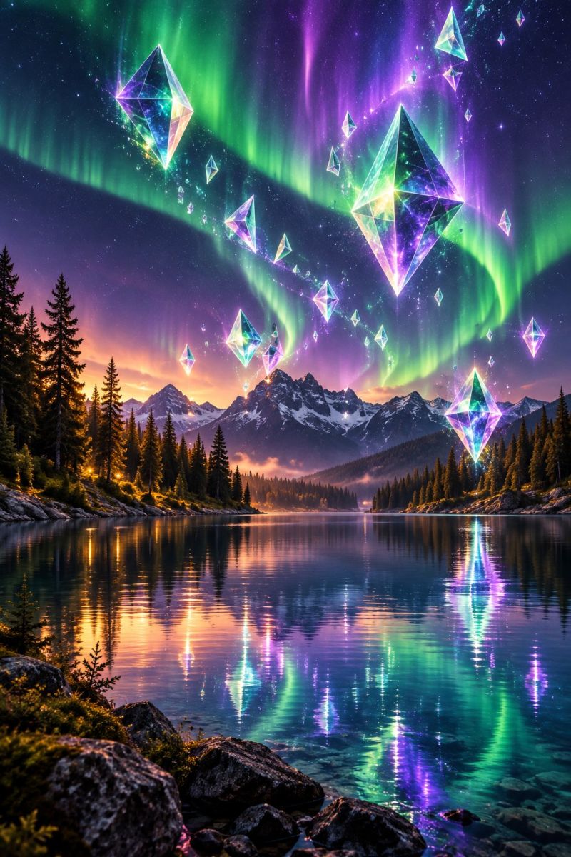 Night lake mountain sky water reflection rock crystal aurora forest trees sunset clouds stars crystals geometric fantasy serene lake with a reflection of the sky and trees. The sky is filled with vibrant colors, including purples, greens, and pinks, suggesting the presence of the aurora borealis. Crystal-like shapes float in the sky, adding a magical touch. The lake is calm, with gentle ripples reflecting the colors of the sky. In the background, there are snow-capped mountains and a forest of evergreen trees. The scene is set in a twilight hour, with the sky transitioning from the deep blues of night to the warm hues of dawn.