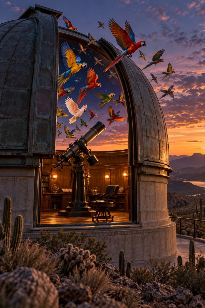 Oiseaux tropicaux dome desertique image picture large observatory with a dome-shaped roof, open to reveal a telescope pointing towards the sky. The sky is depicted with a sunset or sunrise, painted with warm hues of orange and pink. Inside the observatory, there is a large window with a digital or projected image of colorful parrots flying against a back of a night sky filled with stars. The parrots are in various positions, some flying, others perched, and they are vibrant with a mix of red, yellow, blue, and green colors. The interior of the observatory is dimly lit, with a wooden desk, a chair, and a globe visible. Outside, the observatory is surrounded by a rocky landscape with cacti and other desert plants.