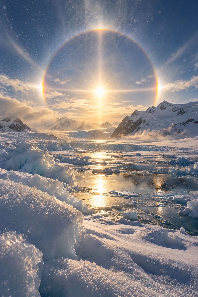 Sun sky snow mountain water ice glacier horizon reflection cloud sunlight nature outdoors daytime winter cold weather breathtaking winter landscape in Antarctica. The sky is a deep blue, with a bright sun at its center, creating a halo effect around it. The sun's rays illuminate the snowy ground and icy waters, casting a warm glow. In the foreground, there are large, jagged ice formations, some partially submerged in the water. The mountains in the background are covered in snow, with a few peaks rising above the clouds. The overall scene is serene and majestic, showcasing the beauty of the Antarctic wilderness.