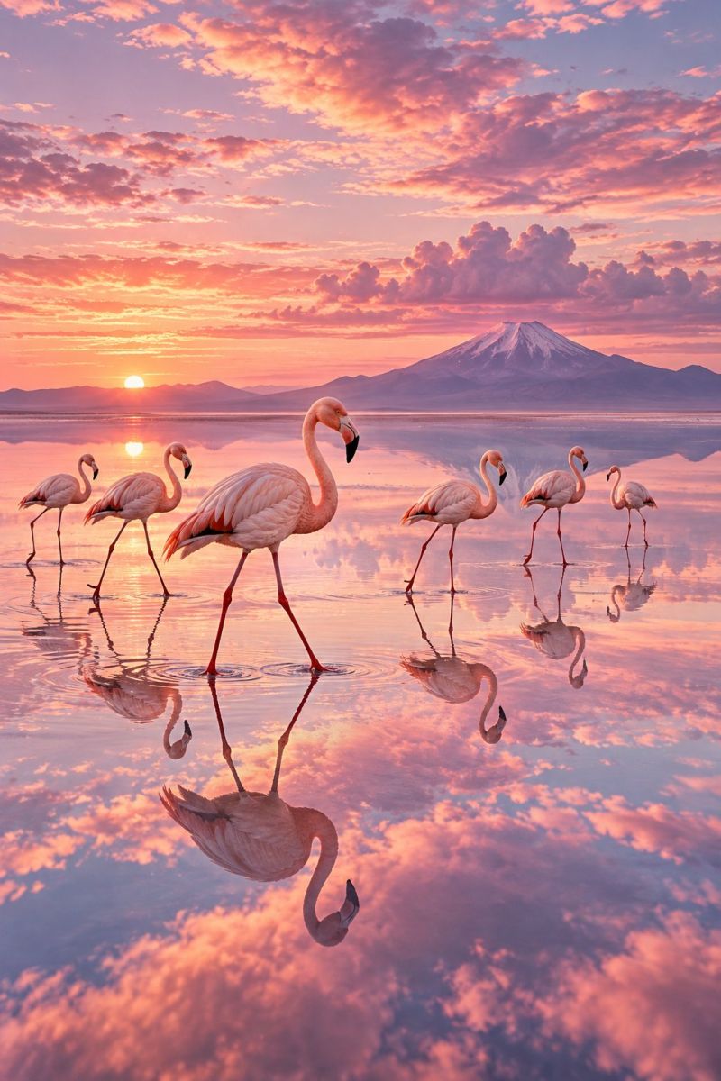 Flamant rose coucher soleil eau reflet oiseau faune nature ciel nuages montagne horizon beaute animal mer soiree Un groupe de flamants roses marche en ligne à la surface de l'eau, leurs reflets étant visibles dans l'eau. Les flamants roses ont de longues pattes et un long cou et sont orientés dans la même direction. L'eau est calme et le ciel est rempli de nuages, le soleil se couchant au loin. En arrière-plan, il y a une chaîne de montagnes recouverte de neige.