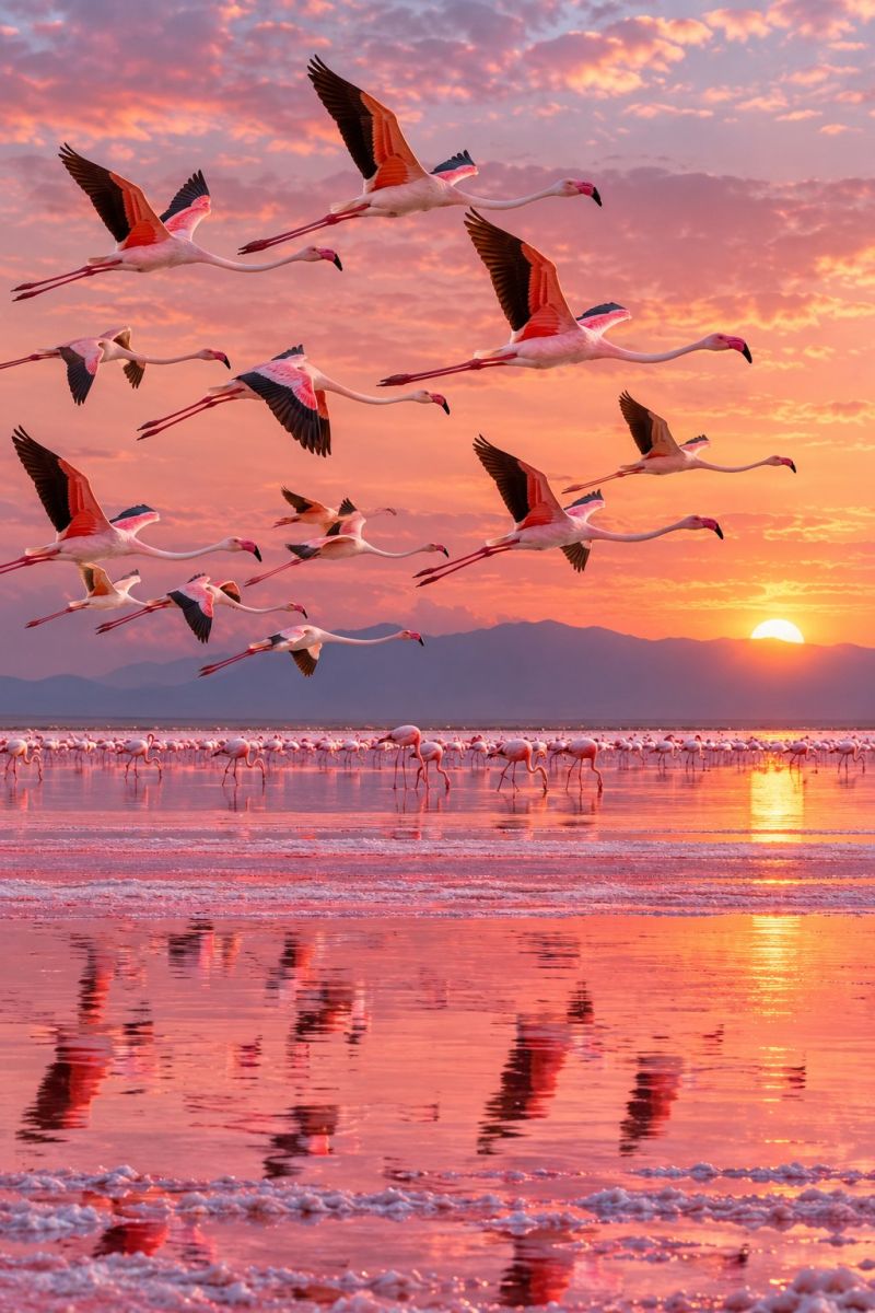 Flamant rose coucher soleil ciel vol eau oiseau nature faune reflet lac rive montagne horizon nuage zone humide migration Un groupe de flamants roses vole en V sur fond de soleil couchant. Le ciel est peint dans des tons de rose et d'orange, créant une atmosphère dramatique et sereine. Les ailes des flamants roses sont largement déployées et leur long cou élancé s'allonge lorsqu'ils planent dans les airs. En contrebas, l'eau reflète les couleurs vives du ciel, créant un effet miroir. Au loin, une silhouette de montagnes ajoute de la profondeur à la scène. Les reflets des flamants roses sont visibles à la surface de l'eau, ce qui ajoute à la beauté pittoresque du moment.