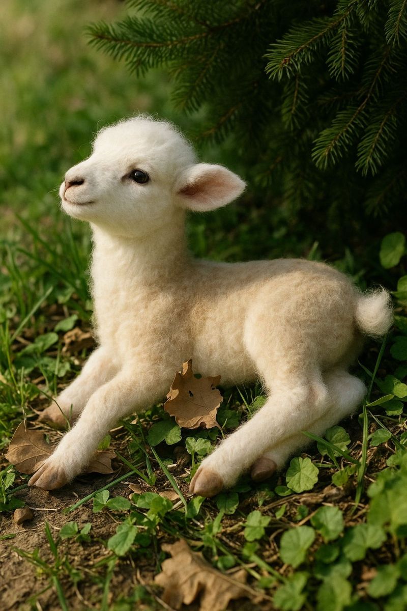 Lamb baby animal cute pet sheep wool fur grass nature outdoors wildlife meadow field play lying sunlight shadow leaf tree A small, fluffy lamb with a white coat is lying on the ground, possibly in a grassy area. The lamb has a small, pointed snout and large, round eyes. It is looking up, possibly at something or someone. The lamb's body is covered in soft, white fur, and its legs are slightly bent. The ground is covered in green grass and small, green leaves. Behind the lamb, there is a tree with green leaves.