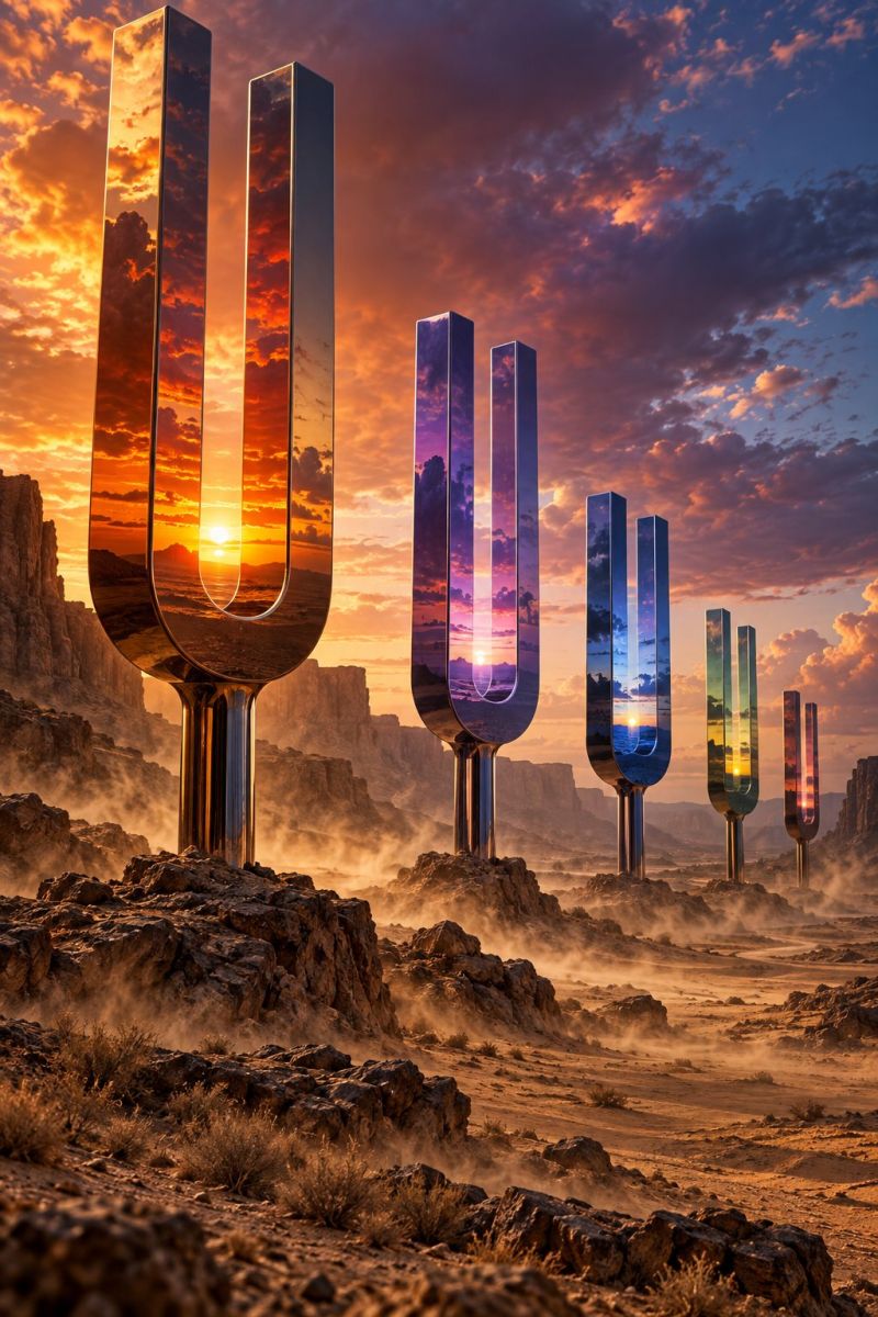 Diapasons geants coucher soleil image photographie In a desert landscape, there are several tall, metallic structures resembling tuning forks. The largest one on the left has a reflective surface that mirrors the sunset behind it, creating a vibrant display of orange and pink hues. The sky is filled with dramatic clouds, and the setting sun casts a warm glow over the scene. The desert is rocky with sparse vegetation, and the ground is covered in a light dusting of sand. The overall atmosphere is serene and otherworldly.