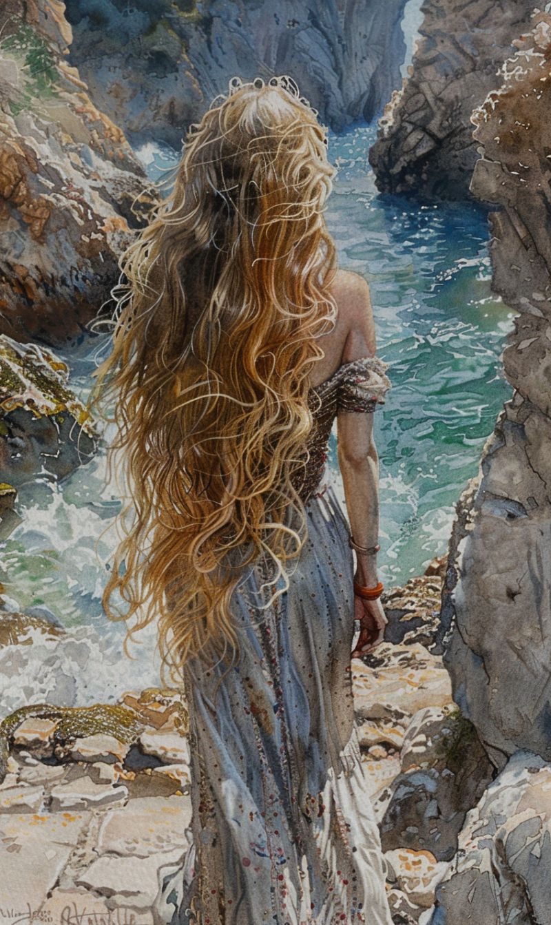 Fantastique femme figurine cheveux ambiance naturelle maritime romantique plage eau fine marin atmosphe Travaux d'art vertical représentant une femme debout sur une falaise rocheuse. Elle a des cheveux blonds ondulés et portait un vêtement qui ressemble à un habillement légèrement historique ou fantastique. Son expression est contemplative, fixée sur l'océan, qui est représenté par des vagues grossières et des falaises rocheuses. L'arrière-plan présente des feuilles vertes épaisse et luxuriante à la gauche du tableau, suggérant une zone forestière proche de la côte. La position de la femme occupe le premier plan du tableau, avec l'océan qui se déroule dans l'arrière-plan derrière elle, où il rencontre la ligne horizontale du horizon. L'oeuvre d'art a un style réaliste avec une attention aux détails au niveau des cheveux et de la végétation. Il n'y a pas de textes ou d'inscriptions visibles sur l'image. La tonalité générale de la peinture est calme, en mettant l'accent sur la beauté naturelle et le lien humain avec la nature.