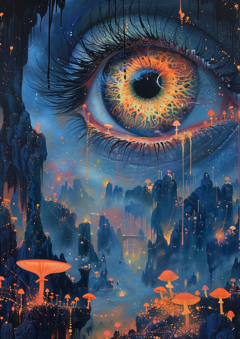 Fantasy qualite surreelle reveuse environnement mystique magique eclairage stylises exageres representant ciel L'image semble être une oeuvre d'art numérique ou une illustration de fantasy. Un oeil avec un pupil lumineux qui domine le centre de la composition, servant à la fois de point focal et d'expression artistique. Le regard est entourent par un paysage fantastique avec des rochers flottants ou des îles, certaines d'entre elles portent des plantes et d'autres ont des champignons pouvant croître dessus. L'atmosphère du tableau a une ambiance otherworldliche, renforcée par l'utilisation de bleus et de pourpres dans le fond et la mise en place de lanternes à feuilles ou de fentes qui ajoutent un sens de magie à l'environnement. Le paysage semble flotter au-dessus d'une étendue qui pourrait suggérer le ciel ou le vide au-delà, comme en témoigne les formations rocheuses et la présence du regard qui pourrait symboliser la perception ou la réflexion intérieure dans ce paysage surréal. Il y a un sentiment de gamme et de profondeur dans l'oeuvre d'art, avec le regard qui regarde vers le paysage, créant une perspective qui attire le regard du spectateur plus profondément dans l'image.