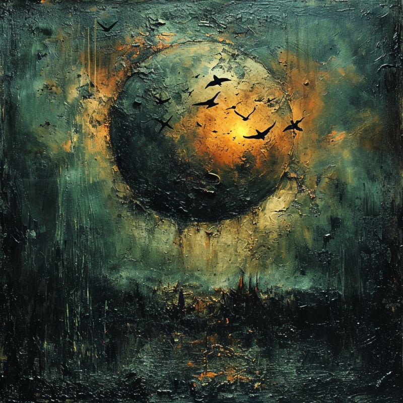 Surrealiste ambiance sombre malheureuse corps celeste immense menacant domine ciel lune planete oiseaux vol devant nuageux orageux texture deter Scène atmosphérique et moody, probablement destinée à représenter une expression artistique plutôt qu'une vision réaliste. Un grand corps céleste circulaire au centre de la composition qui ressemble à une lune ou un soleil entouré d'oiseaux errants. Les oiseaux apparaissent noirs contre le coeur lumineux du corps céleste. Cela est entoureur d'une variété de textures et de couleurs qui donnent l'impression d'un ciel orageux, avec des teintes allant des bleus profonds aux pourpres, grises et des touches d'orange et de rouge, ce qui pourrait suggérer la présence de tonnerre ou le après-storme. L'humeur globale est sombre et dramatique, avec une sensation de mélancolie ou de menace. Il n'y a aucune texte visible dans l'image.