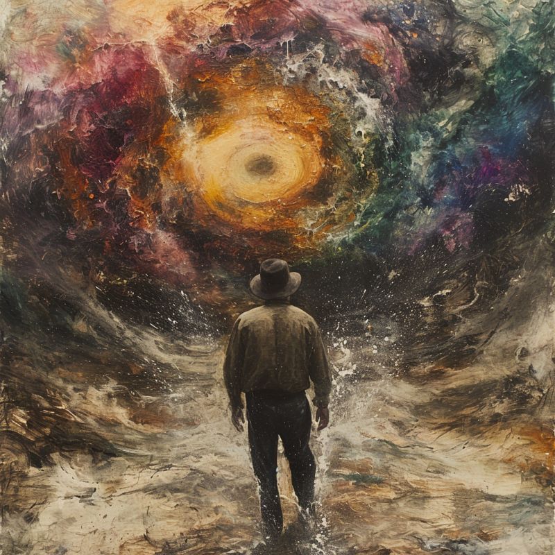 Surrealisme corps celeste oeuvre planete lune enigme solitude espace cosmique nuage fantaisie science fiction voyages signature artiste peintu Une personne debout au centre d'un paysage surréaliste. L'individu porte une chapeau de couleur sombre et une chemise blanche, avec son visage caché par une ombre ou peut-être un nuage. Il marche vers le spectateur, qui semble être placé à la fin d'une route serpentante ou d'une voie qui s'étend dans la distance. Le paysage lui-même est très impressionnant, caractérisé par un grand et tourbillonnant galaxie au ciel en dessus. Les couleurs de cet corps céleste sont vibrantes et variées, créant une scène abstraite et fascinante. L'entourage de l'individu sont des collines ou des montagnes qui se terminent à l'horizon sous un ciel partiellement nuageux. Le sol est irrégulier, avec des taches de prairie et ce qui semble être une roche, contribuant à un sentiment de beauté naturelle rude. L'ensemble du style de l'oeuvre a une qualité onirique, avec une texture pâtissière qui lui donne un sentiment d'impressionnisme. Les couleurs utilisées sont très vives et s'épanouissent sur des tons plus dégagés du paysage. Cette combinaison d'éléments crée une image dramatique et réfléchie qui semble fusionner les plans de la réalité avec les éléments de fantastique ou otherworldly.