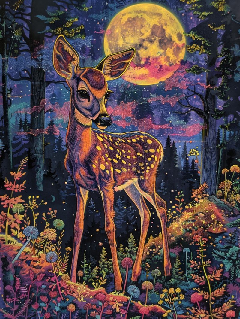 Cerf nocturne foret fantaisiste animal sous nuit fantasy Ceci est une image qui représente un scène vibrante featuring un cerf jeune debout au milieu d'une forêt sous le ciel nocturne. La forêt est riche et dense, avec des arbres et des feuilles qui créent l'impression de profondeur et de richesse à l'arrière-plan. Le cerf est en focalisation, positionné vers le centre de l'image, et il semble regarder directement le spectateur. Il a des yeux grands et expressifs et porte une petite corde au cou. Le ciel nocturne au-dessus est rempli d'étoiles et d'une pleine lune, qui projette un lumière douce sur la scène à côté. La lumière de la lune éclaire la forêt, mettant en valeur les feuillages verts et créant du contraste avec les zones plus sombres des bois. Dans le plan de fond, il y a une gamme d'orties sauvages qui ajoutent à l'impression d'une écosystème prospère. Les couleurs vont de la pourpre et du bleu jusqu'à des oranges vives et des rouges. Les fleurs sont répandues sur le sol, encadrant le cerf magnifiquement dans ce cadre naturel. Le style de l'oeuvre d'art est similaire à une page de livre de couleurs, avec des contours bouclés et des couleurs vives qui remplissent les détails. Le fond a un texture du ciel sombre avec des motifs qui ressemblent aux arbres et aux feuilles, ce qui contribue au look forêté de l'image. Il n'y a pas de textes visibles ni d'enseignements dans cette image.