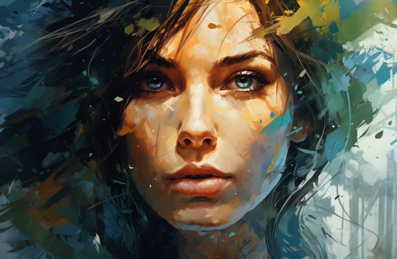 Stylisee moderne feminine expression calme yeux expressifs urbain oeuvre contemporaine La personne est probablement une femme en raison des caractéristiques faciales et du style de cheveux. Elle a la peau pâle et regarde directement la caméra avec une expression douce. Ses cheveux semblent être stylés de manière à les encadrer le visage, et elle a des boucles de cheveux longues qui tombent sur son front. Elle porte ce qu'il semble être du maquillage, y compris de la poudre aux yeux et un rouge à lèvres, qui lui donne une apparence polie et élégante. La personne porte une chemise claire avec une profondeur au cou, permettant une bonne vue sur le collier ou la pendente qui porte autour du cou. Le fond est flou mais suggère un surface texture qui pourrait être interprétée comme une représentation artistique plutôt qu'un véritable cadre. L'attention est fortement concentrée sur le visage et la poitrine de la femme, avec les détails du fond étant indistincts. En termes de couleurs, elle a des yeux bleus qui se détachent contre sa peau. Elle porte des oreillères qui sont invisibles en raison de la vue approfondie de l'image.