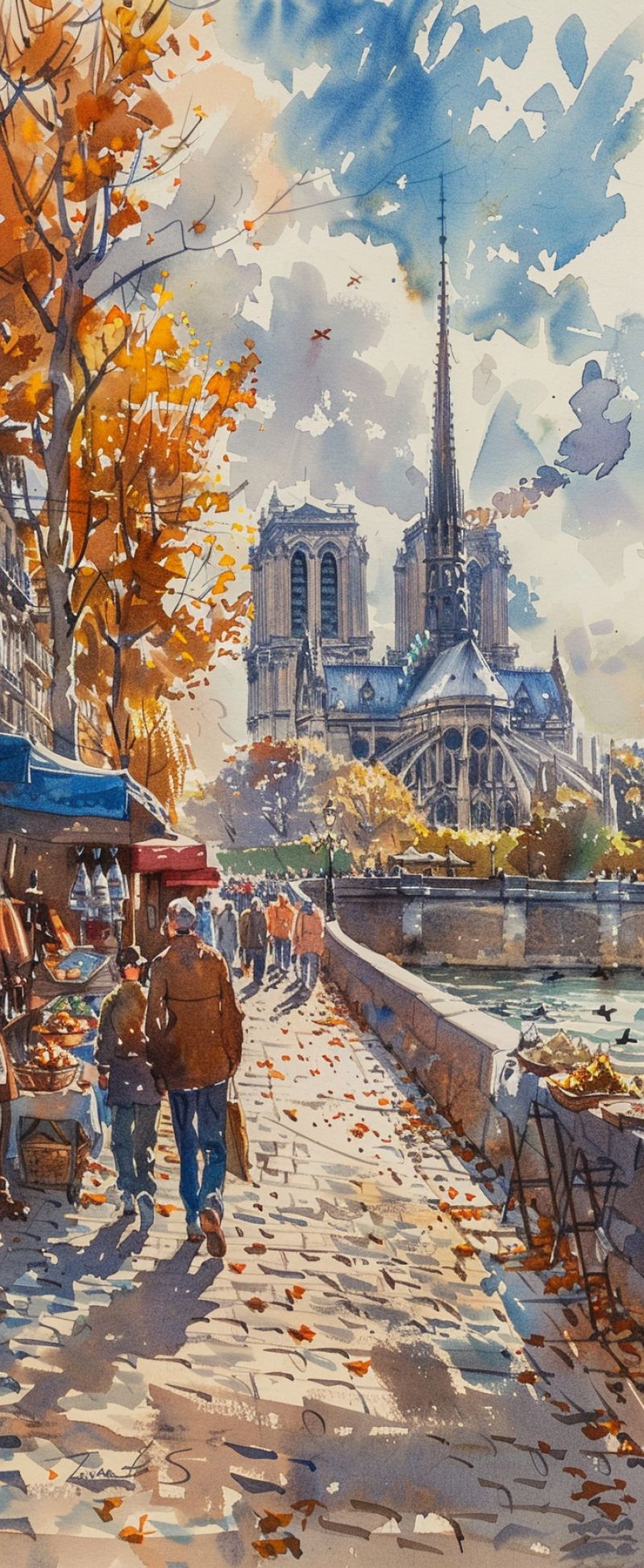 Rue urbain paris ville pietons aquarelle pittoresque europeenne allee pietonne halles marchandes marche foliages Scène de rue animée à Paris, France. Le style ressort réaliste avec un attention particulière aux détails fins et au dessin qui crée une perception de profondeur. Il y a des gens marchant sur la rue, dont l'un porte un chapeau. À droite, il y a une guinguette colorée avec des marchandises exposées, ce qui suggère une ambiance de marché local ou brocante. L'architecture comporte des bâtiments avec des façades traditionnelles françaises, et un pont traverse la rivière dans le fond. Les couleurs utilisées sont principalement des tons automnaux chaleureux, avec les arbres alignés sur la rue ayant des feuilles d'automne orange-jaune, ce qui pourrait indiquer que c'est l'automne.