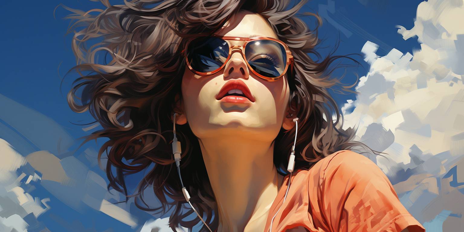 Feminin unglace cadre cheveux soufflant visage expressif pop Tu es une femme aux cheveux bruns bouclés. Tu portes des lunettes sur la tête et tu te vêtes d'une blouse orange. Ton visage est tourné à gauche de l'image, et on peut deviner que tu vas bien, peut-être dans un état de détente léger, en plein air sous un ciel bleu. Le fond suggère qu'il pourrait être une journée ensoleillée avec des nuages.
