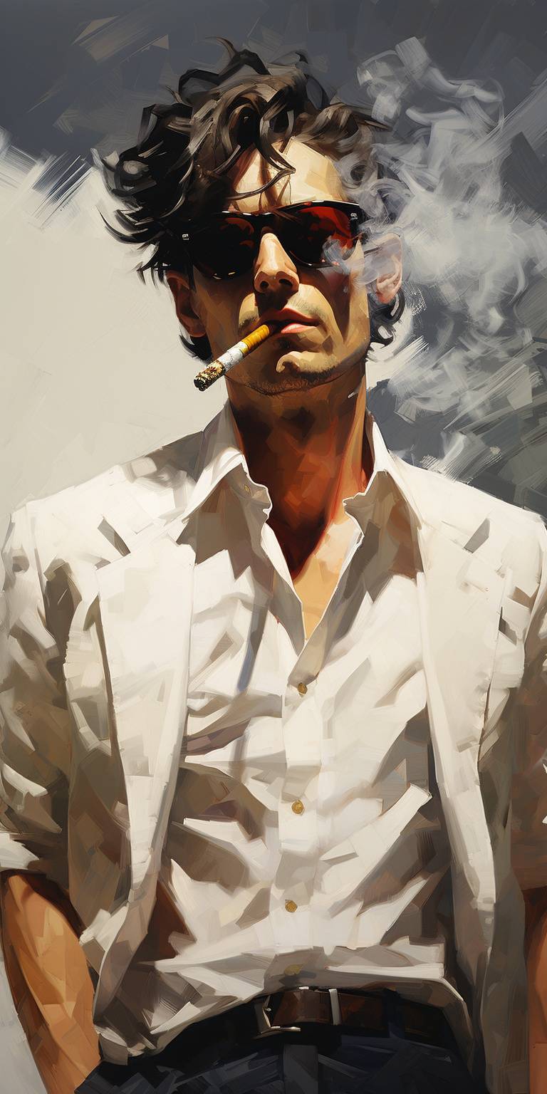 Homme fumeur cigare tatuage rue urbain type cool vibe retro classique moderne oeuvre Homme en profil, regardant à gauche. Il porte des lunettes et a une coupe de cheveux courte. Sa tenue comporte un chemise blanche avec les manches rollées et un noeud de retenue noir. Dans sa bouche, il tient ce qui paraît être un cigare, ce qui suggère qu'il pourrait fumer. Le fond est minimaliste, se concentrant sur l'attention du spectateur vers lui. Il n'y a aucune texte visible dans l'image. Le style de la peinture est réaliste, avec un accent sur les détails, notamment évident dans les cheveux et le vêtement du sujet.
