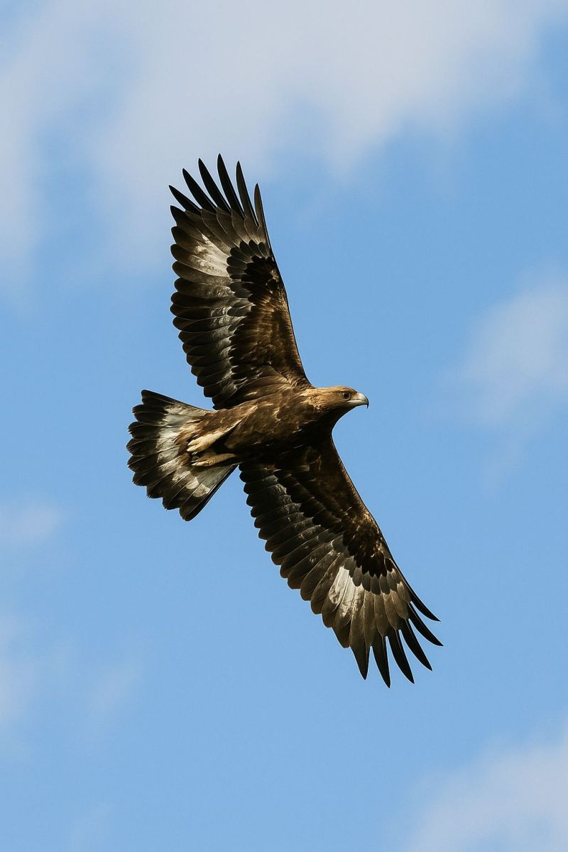 Eagle bird sky flight feathers wings nature wildlife predator animal outdoors wild freedom soaring hunting perch eye beak claws claw A majestic golden eagle soars gracefully through the clear blue sky. Its wings are spread wide, showcasing a mix of dark brown and lighter feathers. The eagle's head is turned slightly to the side, and its sharp beak is pointed downward. The sky is a vibrant blue with a few scattered clouds, providing a serene  for the eagle's flight.