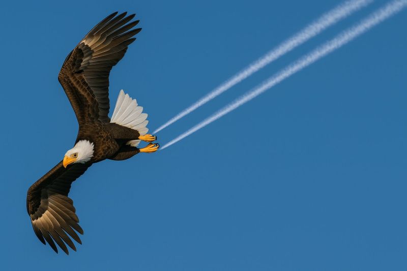Oiseau vol ciel nature faune predateur plumes ailes animal air liberte environnement conservation aigles Un aigle chauve plane dans un ciel bleu clair. Ses ailes sont largement déployées, et ses serres sont étendues vers l'avant, comme s'il plongeait. La tête de l'aigle est tournée vers la gauche, et son bec est pointé vers le bas. Le ciel derrière l'aigle est rempli de traînées blanches d'avions, créant un contraste dynamique et saisissant avec le ciel bleu. Les plumes de l'aigle sont un mélange de brun et de blanc, avec une tête et une queue blanches distinctives. La scène globale capture la majesté et la puissance de l'aigle en vol.