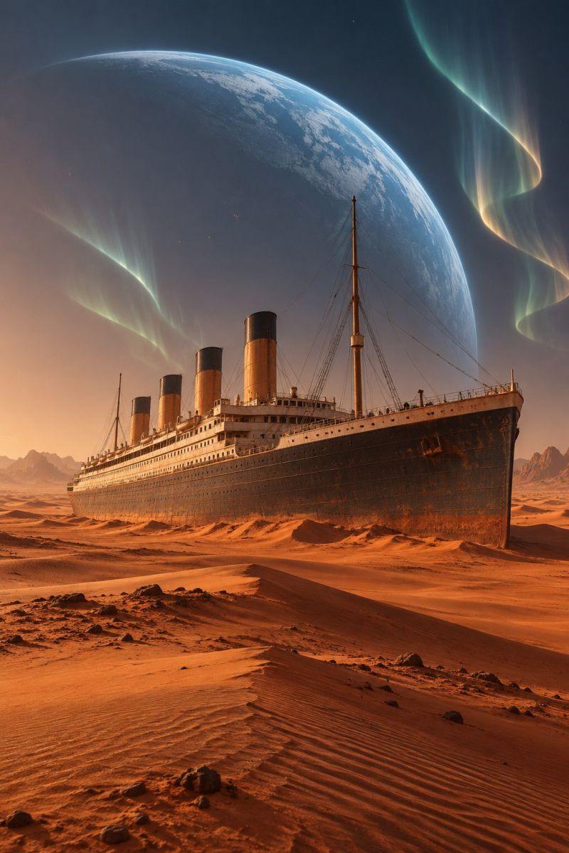 Ship shipwreck shipwrecked the RMS Titanic, a famous ocean liner, stranded in a desert landscape. The ship is shown with its iconic four smokestacks, though they appear weathered and aged. The ship's hull is heavily rusted, indicating years of exposure to the elements. The desert around the Titanic is vast and sandy, with dunes stretching into the distance. In the background, a large planet is visible, with swirling auroras around it, suggesting a fantastical or otherworldly setting. The sky above is a deep blue, with hints of orange and pink near the horizon, possibly indicating a sunset or sunrise. The overall scene combines elements of historical maritime disaster with a surreal, science fiction twist.