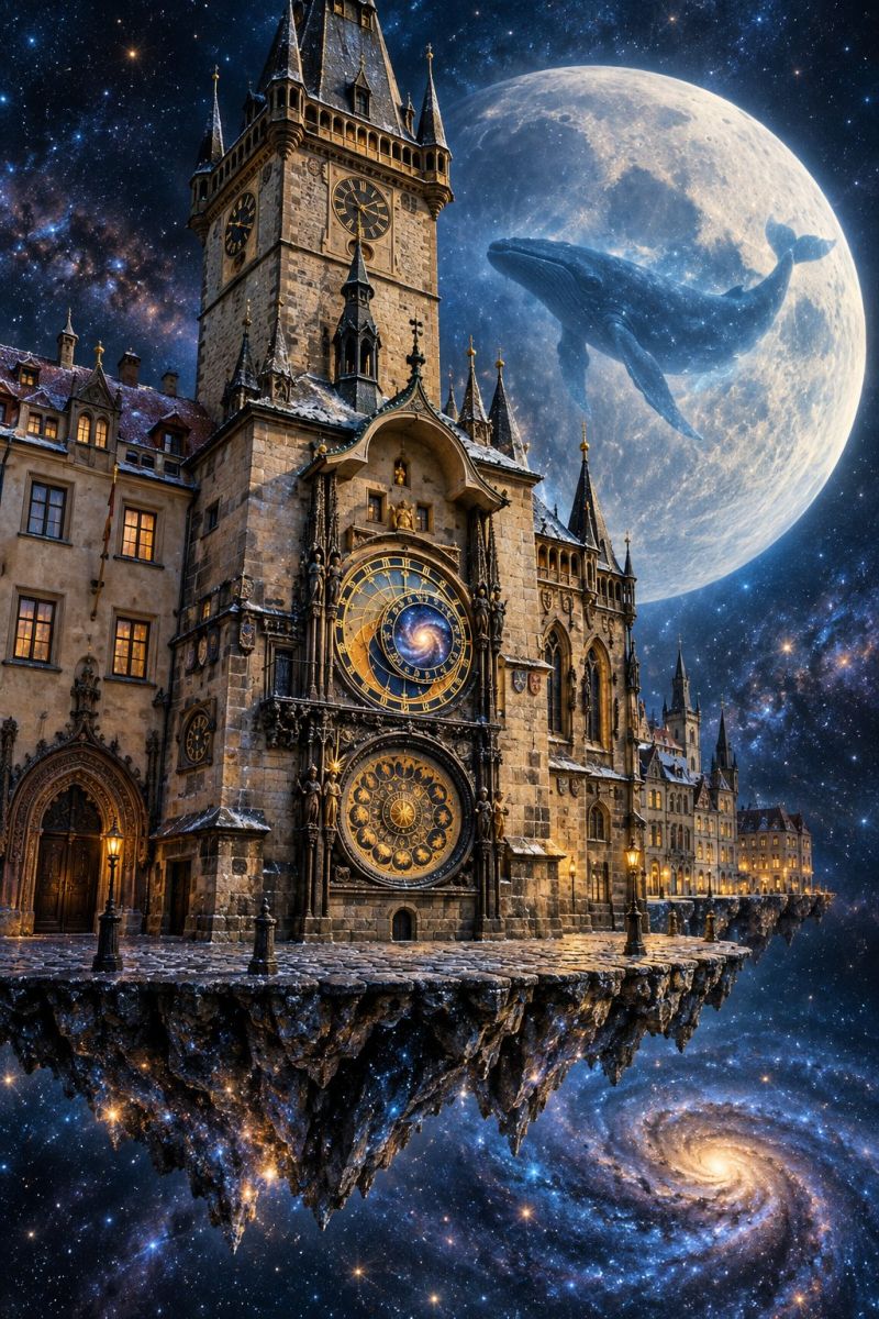 Architecture astronomie batiment chateau horloge cosmique tour grande tour d'horloge ornée flottant dans le ciel nocturne, avec une grande lune en arrière-plan. La tour de l'horloge possède plusieurs horloges, dont une avec un motif en spirale et une autre avec des chiffres romains. Le bâtiment est en pierre et présente un style architectural gothique, avec des arcs brisés et des flèches. La lune est grande et pleine, avec une baleine qui nage devant elle. Le ciel est rempli d'étoiles et d'une galaxie, et la tour de l'horloge semble flotter au milieu du ciel nocturne.