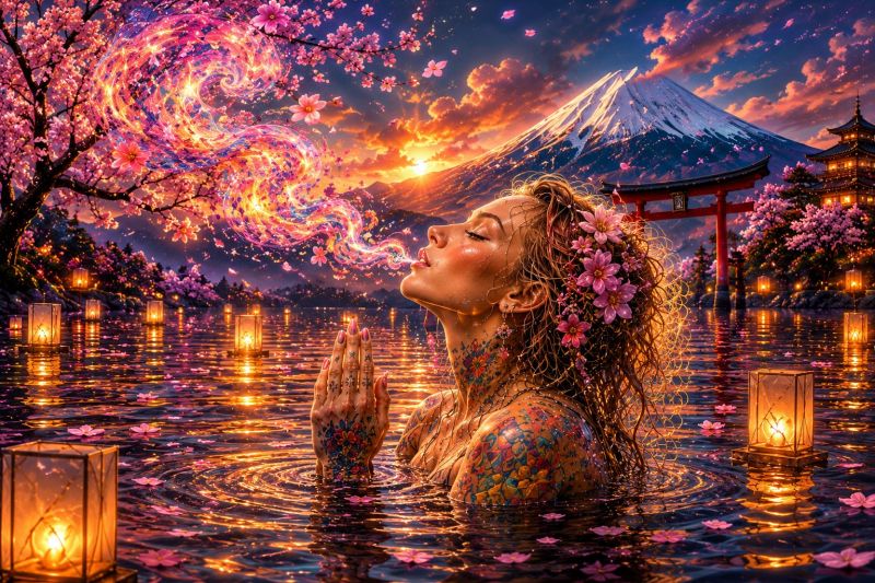 Femme eau lac fleurs tatouages montagne coucher soleil lanternes reflexion nature fantaisie onirique meditation spiritualite imagination inspiration Une femme aux longs cheveux bouclés ornés de cerisiers en fleurs roses est immergée dans un corps d'eau serein. Elle a les yeux fermés et souffle un brouillard rose tourbillonnant dans l'air. Son corps est couvert de tatouages colorés, et elle porte une couronne de fleurs. L'eau est éclairée par des lanternes flottantes, et des cerisiers en fleurs flottent autour d'elle. En arrière-plan, il y a une montagne majestueuse avec une porte torii rouge, et le ciel est peint de chaudes teintes de coucher de soleil.