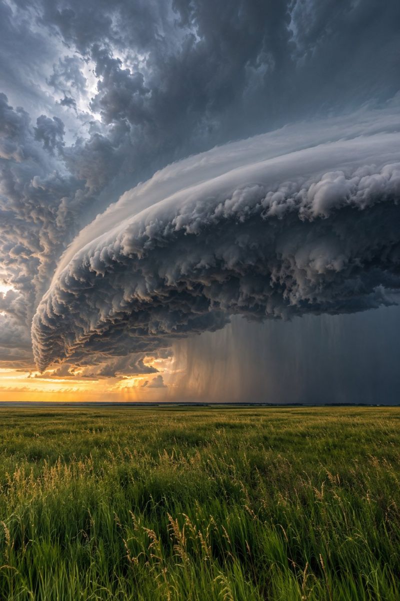 Storm cloud sky weather nature grass field sun sunlight rain dark atmosphere cloudscape thunderstorm meteorology outdoors horizon sunset A dramatic scene of a massive, towering cumulonimbus cloud dominating the sky, with its base stretching across the horizon and its top reaching high into the atmosphere. The cloud is dark and dense, with rain pouring from its base, creating a curtain of water that falls into the vast, open field below. The field is covered in tall, green grass, and the sky is a mix of deep blues and grays, with a hint of sunlight breaking through the clouds, casting a warm glow on the landscape. The overall mood is one of intensity and power, with the storm cloud appearing almost alive and menacing.