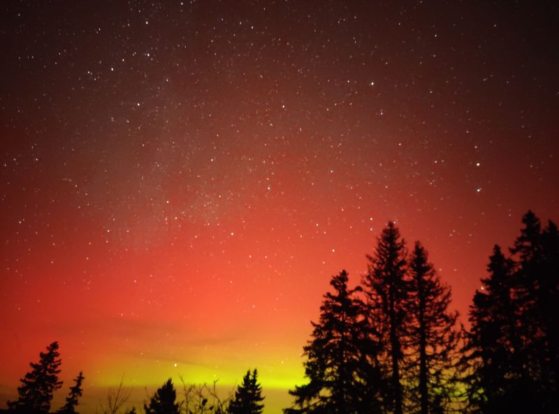 Aurores boreales ciel nuit arbres foret aurore vert rouge jaune etoiles obscurite nature atmosphere meteo astronomie espace Le ciel nocturne rempli d'étoiles, avec un éclat vibrant de l'Aurora Borealis, ou Aurores Boréales, illuminant le ciel de teintes rouges, jaunes et vertes. Les aurores s'étendent à travers le ciel, créant un spectacle fascinant et coloré. Sous les aurores, il y a une silhouette d'arbres verts et hauts, leurs branches s'élevant vers le haut, ajoutant de la profondeur à la scène. Le ciel passe du bleu foncé aux teintes rouges et jaunes profondes, avec les aurores dansant gracieusement au-dessus de la ligne des arbres. L'atmosphère générale est sereine et magique, capturant la beauté du spectacle lumineux de la nature.