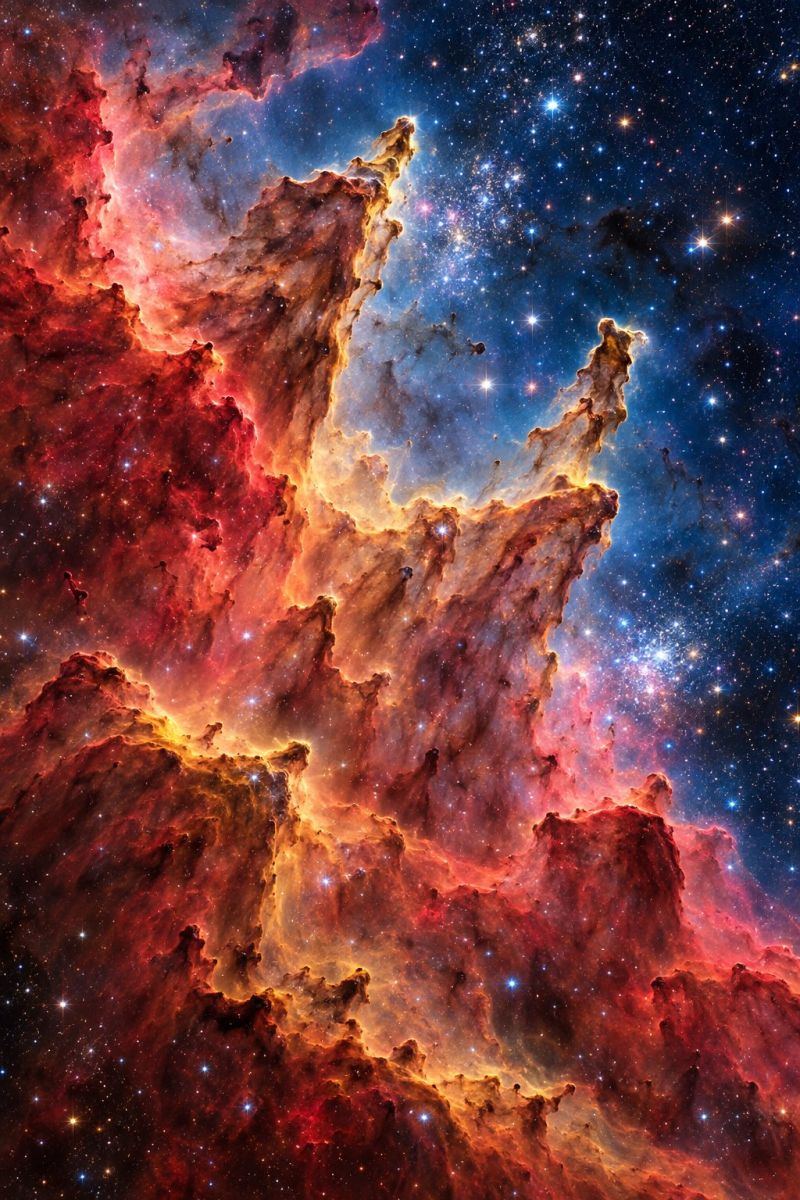 Nebuleuse espace astronomie cosmique galaxie etoile univers celeste explosion etoiles cosmologie astrophysique interstellaire astronomique poussiere L'image présente une nébuleuse vibrante avec une riche tapisserie de couleurs comprenant des rouges profonds, des oranges et des bleus. La nébuleuse présente des structures complexes et ondulées qui ressemblent à des nuages ou à de la fumée, certaines zones semblant plus denses et plus sombres. De nombreuses étoiles sont éparpillées, dont certaines sont brillantes et blanches, ce qui ajoute à la beauté céleste. Le fond est d'un bleu profond, contrastant avec les couleurs vives de la nébuleuse. La scène globale est dynamique et pleine de mouvement, comme si la nébuleuse était vivante et changeait constamment.