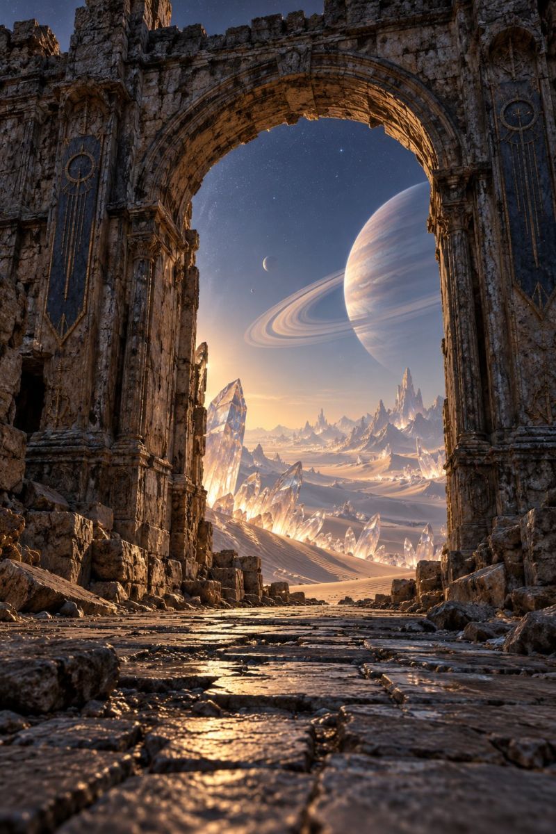 Architecture astronomy building city cityscape cloud clouds concept construction design drawing fantasy fiction fictional imagination grand stone archway leading into a vast, otherworldly landscape. The archway is intricately carved with ancient symbols and is weathered, suggesting age and history. Through the archway, a breathtaking view unfolds: a large, vibrant planet with rings, possibly Saturn, dominates the sky, accompanied by a smaller moon. The landscape beyond the archway is a surreal blend of rocky terrain and crystalline formations, with a desert-like setting under a twilight sky. The scene is bathed in a soft, golden light, casting long shadows and highlighting the textures of the stones and crystals.