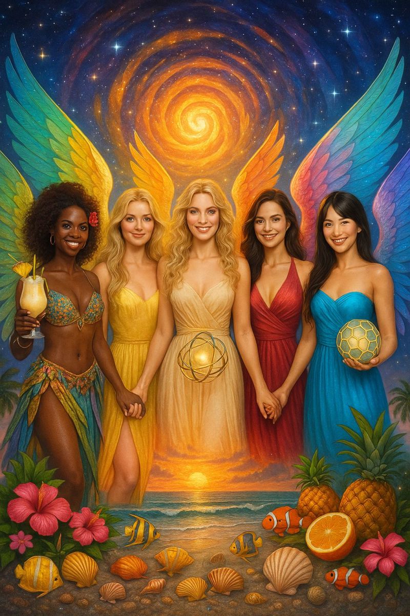 Angels beach fruit group hand holding ocean orange people pineapple sea seashell sunset tropical water woman yellow fish Five women stand together on a beach, each holding hands with the next. They are dressed in colorful, flowing dresses and have wings that span behind them, painted in vibrant colors. The woman on the left holds a cocktail with a straw and a slice of pineapple on top. The woman in the center holds a golden sphere. The background features a sunset with a galaxy swirling above, and various tropical elements like pineapples, seashells, and fish are scattered around them.