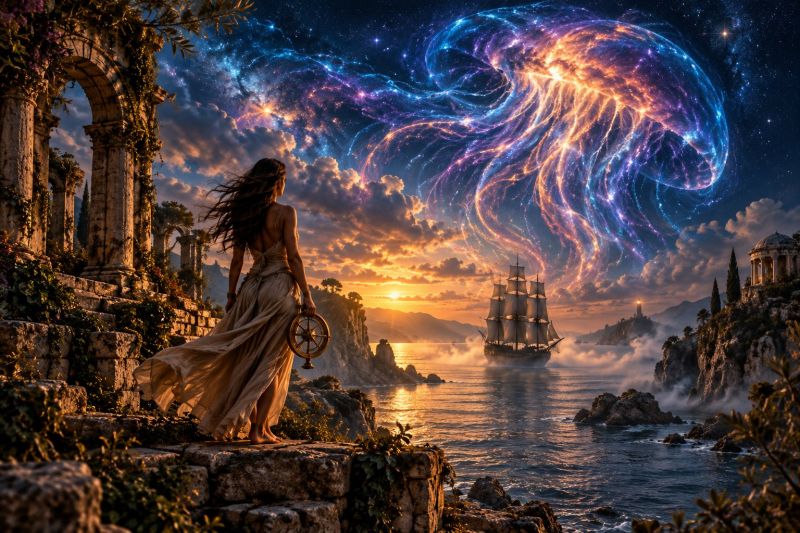 Woman ship ocean fantasy cloud sky sunset mountain rock tree lighthouse helm dress hair architecture vine creature world A woman stands on a rocky cliff, gazing at the sea. She wears a flowing dress and holds a compass. Behind her, ancient ruins with vines and a stone archway are visible. In the distance, a ship sails on the ocean, with a lighthouse on a nearby island. The sky is a mix of orange and blue hues from the setting sun, and a large, glowing jellyfish floats above the scene, casting a mystical light.