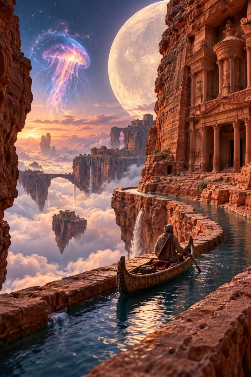 Boat canoe canoeing canoeist canoeists In the foreground, a man is paddling a small boat along a narrow river that flows between rocky cliffs. The river is surrounded by lush greenery and the water is calm. The man is wearing a long robe and a turban. Behind him, the cliffs are adorned with ancient architectural structures, including columns and statues, suggesting a historical or mythical setting. To the left, a large, glowing jellyfish floats in the sky, casting a soft light. The sky is a deep orange, indicating either dawn or dusk. In the background, a massive, glowing moon hangs in the sky, casting a silvery light over the landscape. The scene is surreal, blending elements of nature, history, and fantasy.