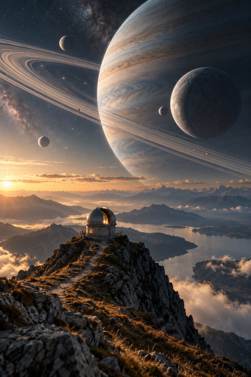 Astronomie celeste cosmos exploration galaxie cieux infini interstellaire jupiter montagne nebuleuse nuit observatoire planete science ciel espace uni vue imprenable depuis le sommet d'une montagne, avec un petit bâtiment d'observatoire perché au sommet. À l'arrière-plan, une grande planète aux anneaux proéminents, ressemblant à Saturne, domine le ciel. Cette planète est entourée de plusieurs lunes, dont une qui semble être la lune de la Terre. Le ciel est d'un bleu profond, passant à un bleu plus clair près de l'horizon, là où le soleil se couche, projetant une lueur chaude sur le paysage. En contrebas de l'observatoire, un sentier étroit descend la montagne, avec un terrain rocheux et une végétation clairsemée. Au loin, un lac serein reflète les couleurs du ciel et une chaîne de montagnes s'étend à l'horizon, dont les sommets sont partiellement recouverts de nuages.