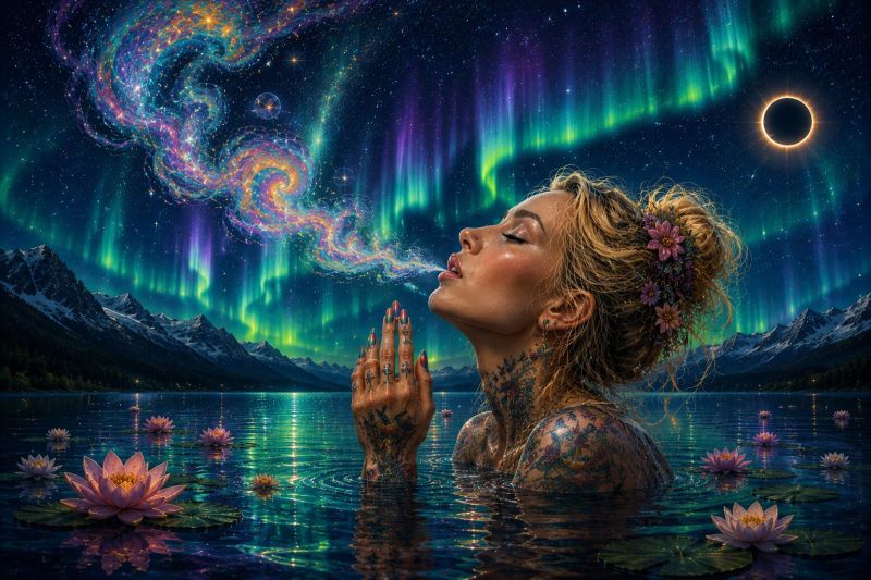 Femme eau lac fleurs montagnes ciel nuit aurore eclipse etoiles tatouages cheveux yeux levres mains Une femme tatouée se tient dans un lac, ses cheveux ornés de fleurs, et elle exhale une brume colorée. Elle regarde vers le haut, apparemment émerveillée par le ciel. Le ciel est d'un bleu profond, parsemé d'étoiles et illuminé par les couleurs vibrantes de l'aurore boréale. Au loin, les montagnes sont en silhouette contre le ciel, et la lune est partiellement éclipsée. Le lac est rempli de lotus flottants, et l'eau reflète le spectacle céleste au-dessus.