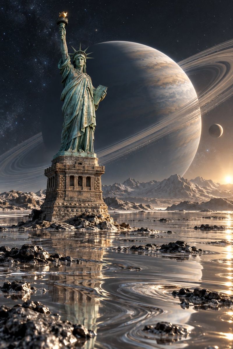 Statue liberty The Statue of Liberty stands tall in a surreal landscape, holding a torch aloft and a tablet inscribed with the date 1776. The statue is situated in a vast, watery expanse, with reflections rippling across the surface. Behind it, a massive planet with rings, resembling Saturn, dominates the sky, accompanied by a smaller moon. The back features a starry night sky, and in the distance, a mountain range is visible, with the sun setting on the horizon, casting a warm glow over the scene.