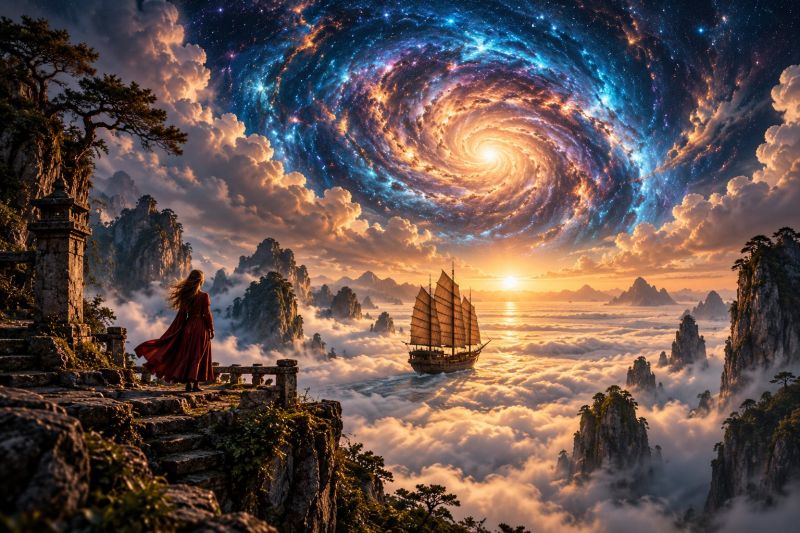 Mountains clouds boat sky sun sunset galaxy stars space fantasy imagination painting nature adventure exploration dream A woman stands on a cliff, gazing at a sailboat sailing through the clouds. The sailboat has a tall mast with sails. The sky is a mix of orange and blue hues, with a setting sun and a spiral galaxy in the background. The clouds are thick and white, and the mountains are rocky with sparse vegetation. The woman wears a long red dress and stands on a stone platform with a railing.