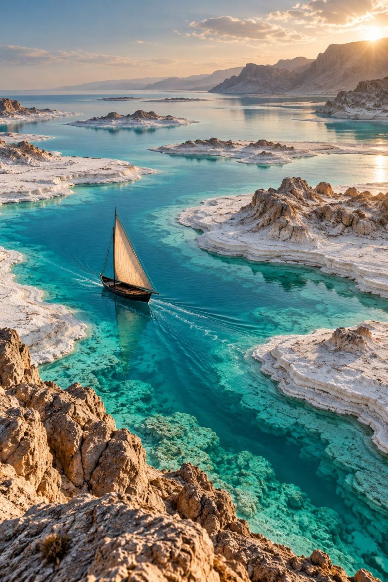 Boat water sea ocean sky sun rock mountain nature travel adventure sailing A sailboat glides through the turquoise waters of the Dead Sea, surrounded by rocky cliffs and salt formations. The water is clear and blue, reflecting the sky and clouds. The sun is setting in the distance, casting a warm glow on the landscape. The sailboat has a tall mast and a white sail, and it appears to be moving forward. The sea is calm, with no waves or ripples. The surrounding rocks are white and brown, with some patches of green vegetation. The sky is blue with some clouds, and the sun's rays are shining through the clouds, creating a beautiful scene.