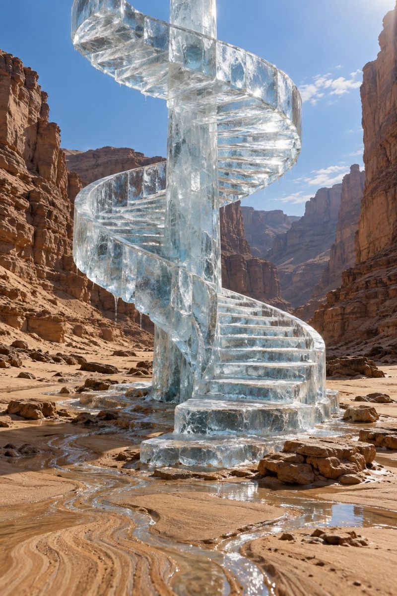 Ces ice glace sculpture staircase escalier spiral spirale desert rock roche mountain montagne water eau sunlight soleil reflection reflexion transpare Au centre d'un paysage désertique, se dresse un grand escalier en spirale entièrement fait de glace. L'escalier compte plusieurs niveaux, chacun relié par une série de marches. La glace est claire et transparente, permettant au soleil de passer à travers et de créer un effet scintillant. La zone environnante est rocheuse et aride, avec un ciel bleu clair au-dessus. L'escalier de glace semble fondre, avec de l'eau qui s'écoule sur ses côtés et se rassemble à la base.